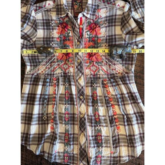 Johnny Was Candice Smock Plaid Floral Button Up Ladies Medium Top/Shirt/Blouse - Picture 10 of 16